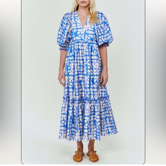 ⭐️Hunter Bell Palmer Dress in Cobblestone large Blue Yellow⭐️ - Picture 3 of 10